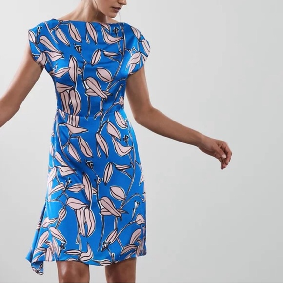 NWT Reiss Blue Sarah Printed Flutter Sleeves Peek-a-Boo back knee length XS - Picture 1 of 14
